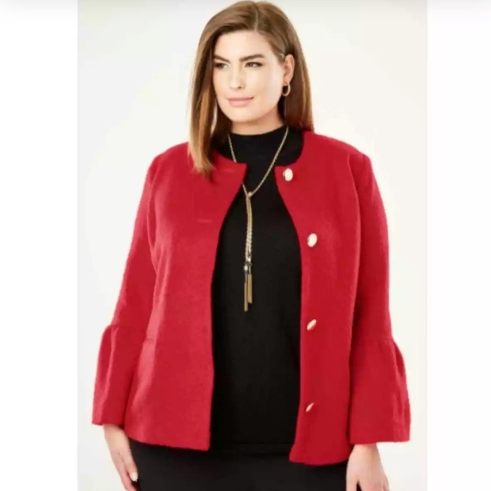 New Jessica London Jacket Plus Size 22W Red Bell Sleeve Button wool